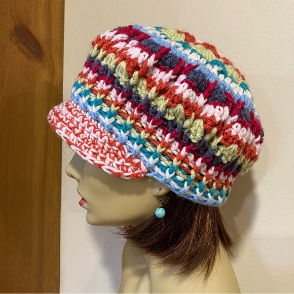Hand knit, multicolor, BoHo style newsboy, cap/ hippie gypsy style - Picture 1 of 8